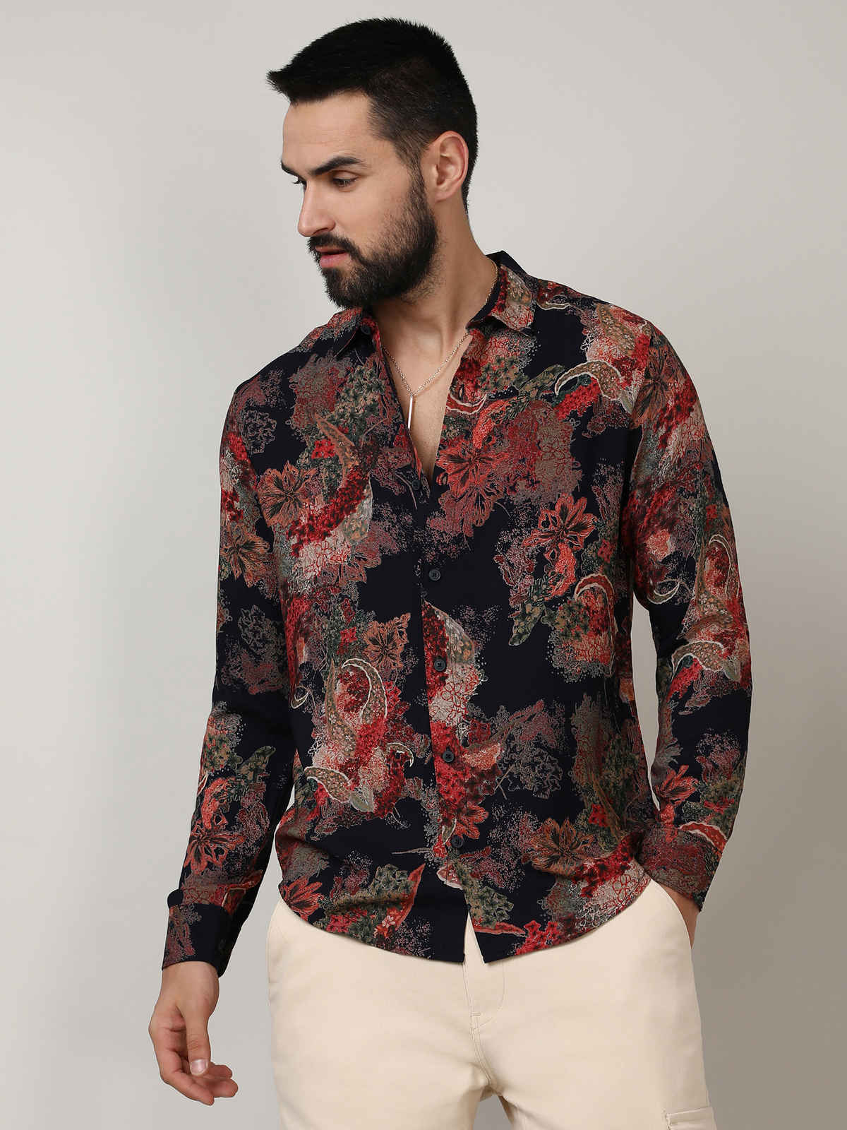 Campus Sutra Men's Paisley Flora Shirt | Crimson Red & Midnight Black - XL