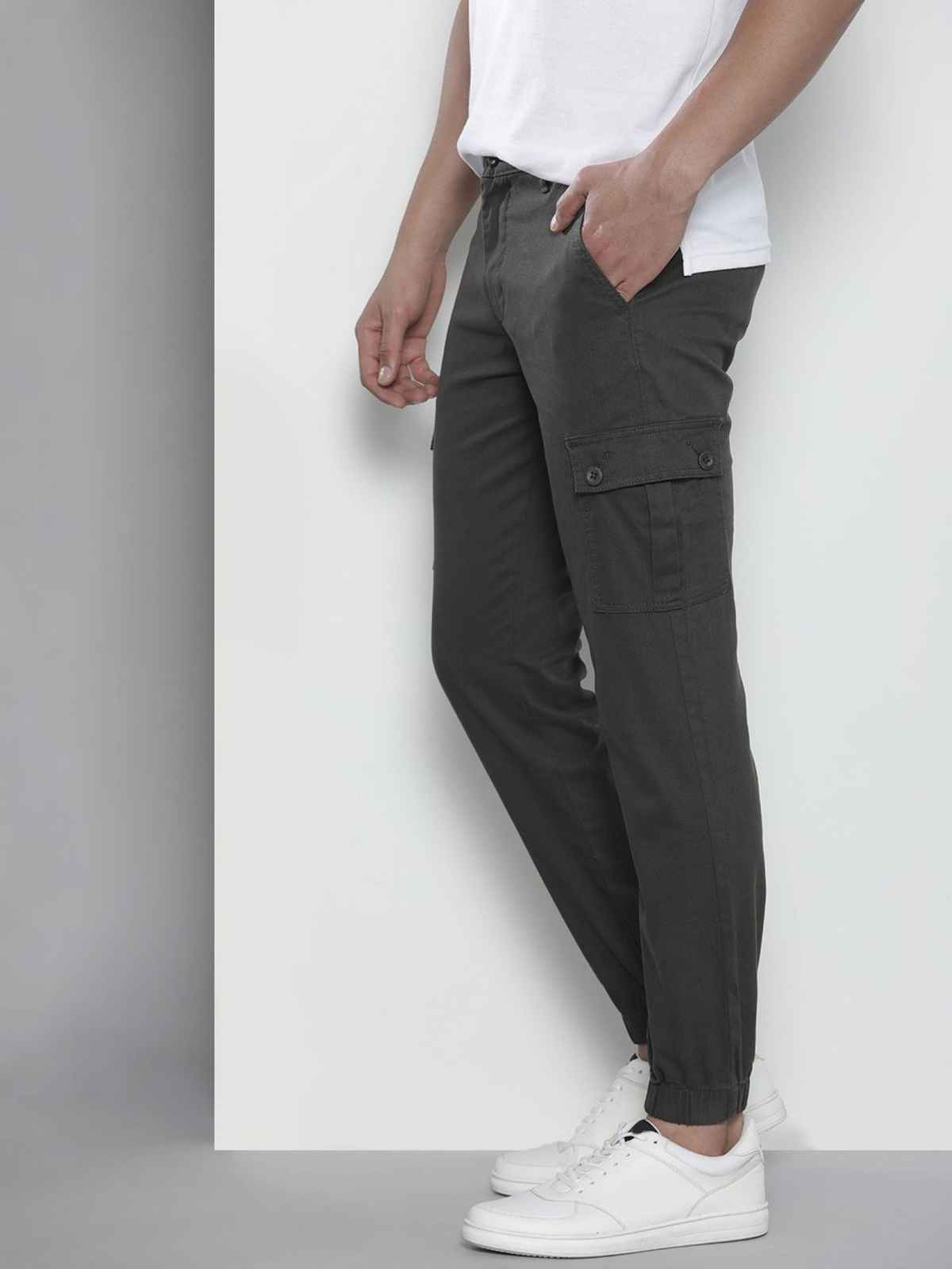 The Indian Garage Co Men's Slim Fit Solid Casual Cargos | Charcoal Black - 32