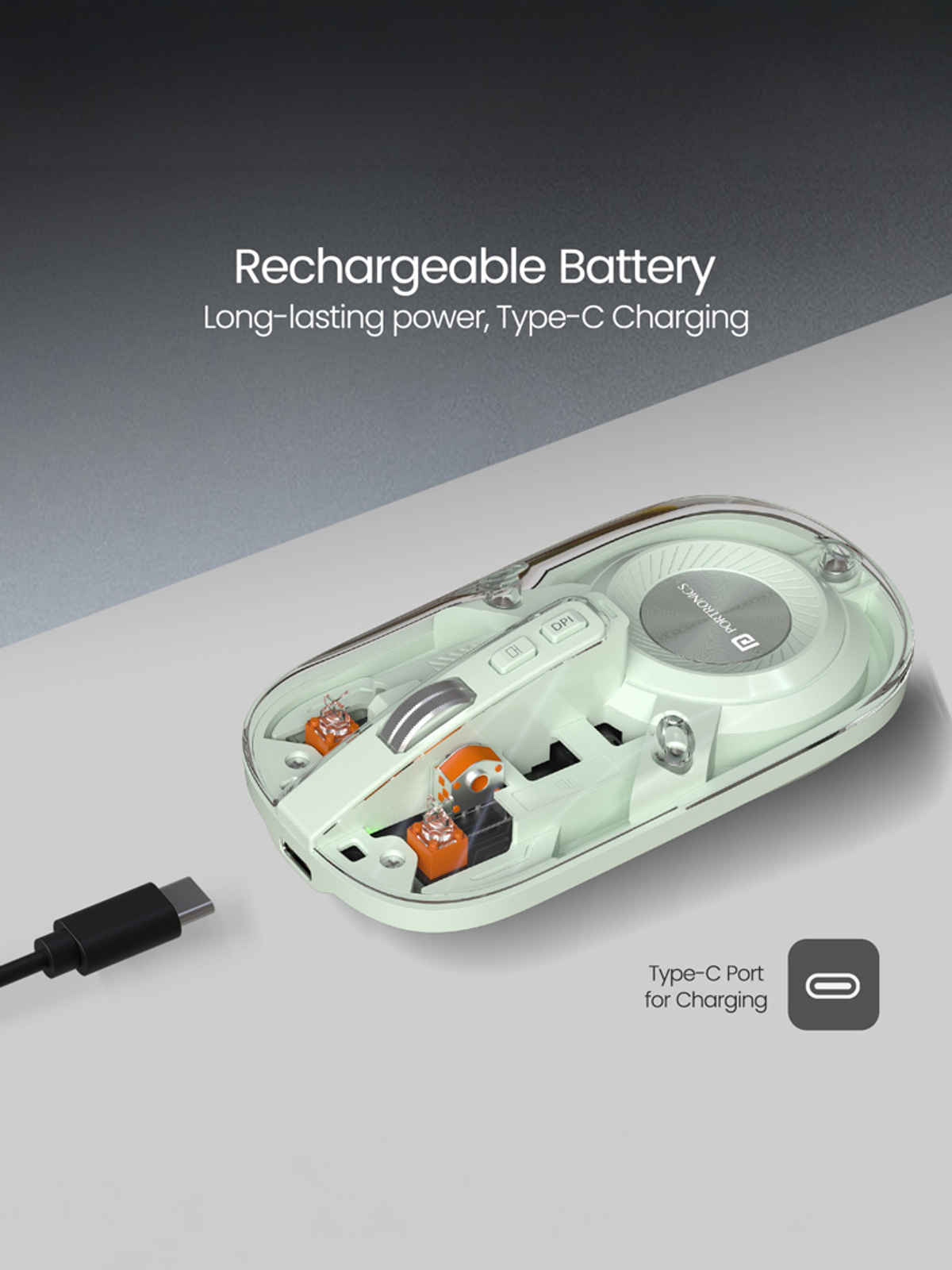 Portronics Toad 8 Transparent Wireless Bluetooth Mouse with Rechargeable Battery | Green