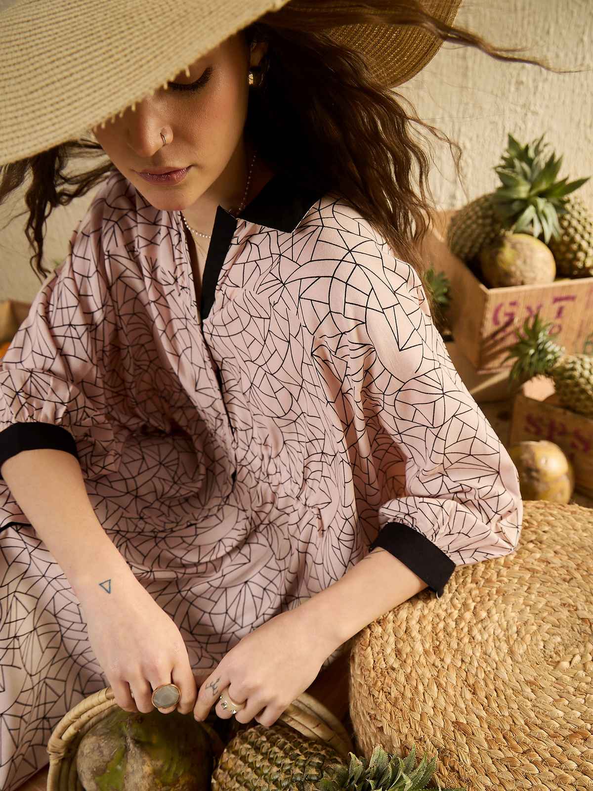 Sanskrutihomes Printed CollaRed | Tunic & Trouser Co-Ord Set for Women s | Beige | L