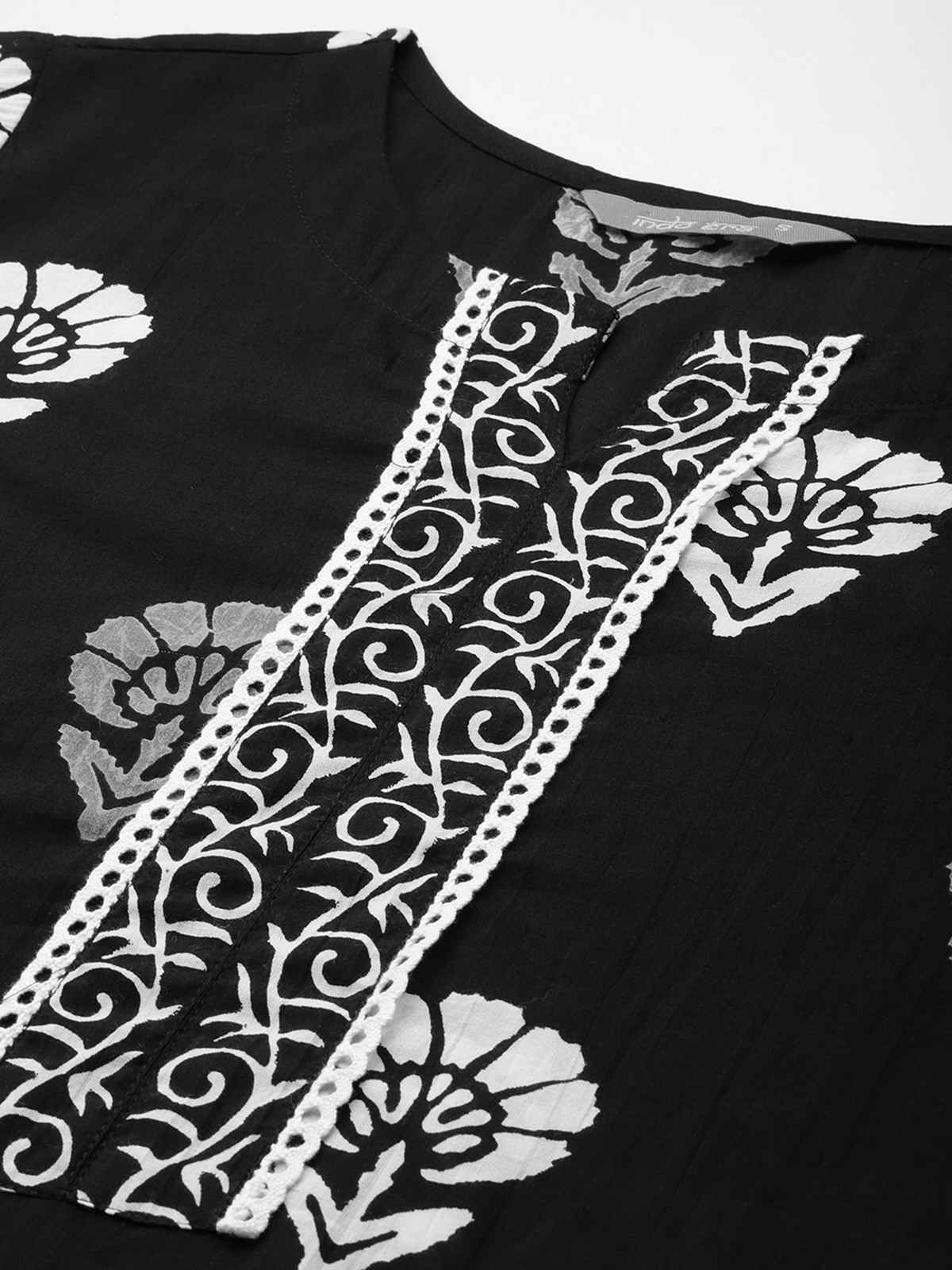 Indo Era Printed Straight Kurta Pant With Dupatta Set | Black - L