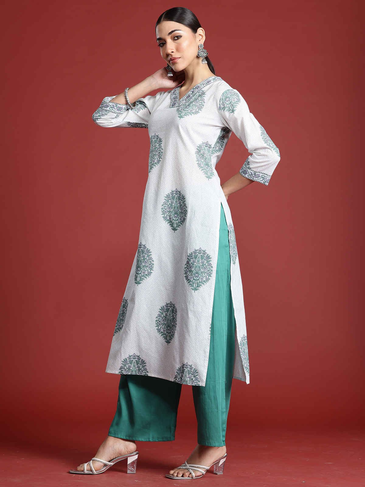 INDO ERA Women's Printed Straight Kurta | KT0WH10063 | White - M