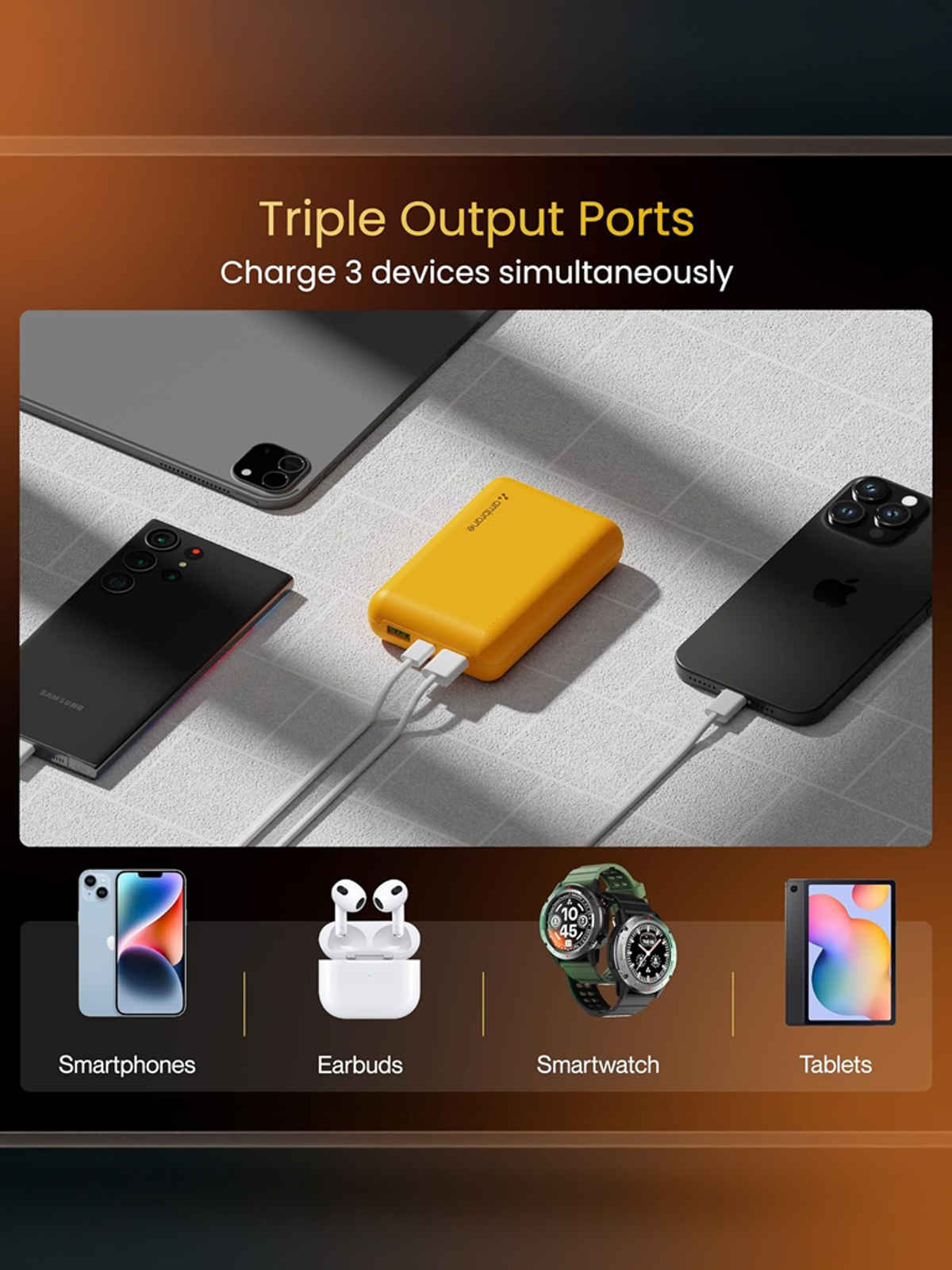 Ambrane 20000 mAh Mini Power Bank with 22.5W Fast Charging, Pocket Size, Triple Output, Type C PD (Input & Output), Li-Polymer, Made in India + Type C Cable (Powerlit XL Lite) - Yellow