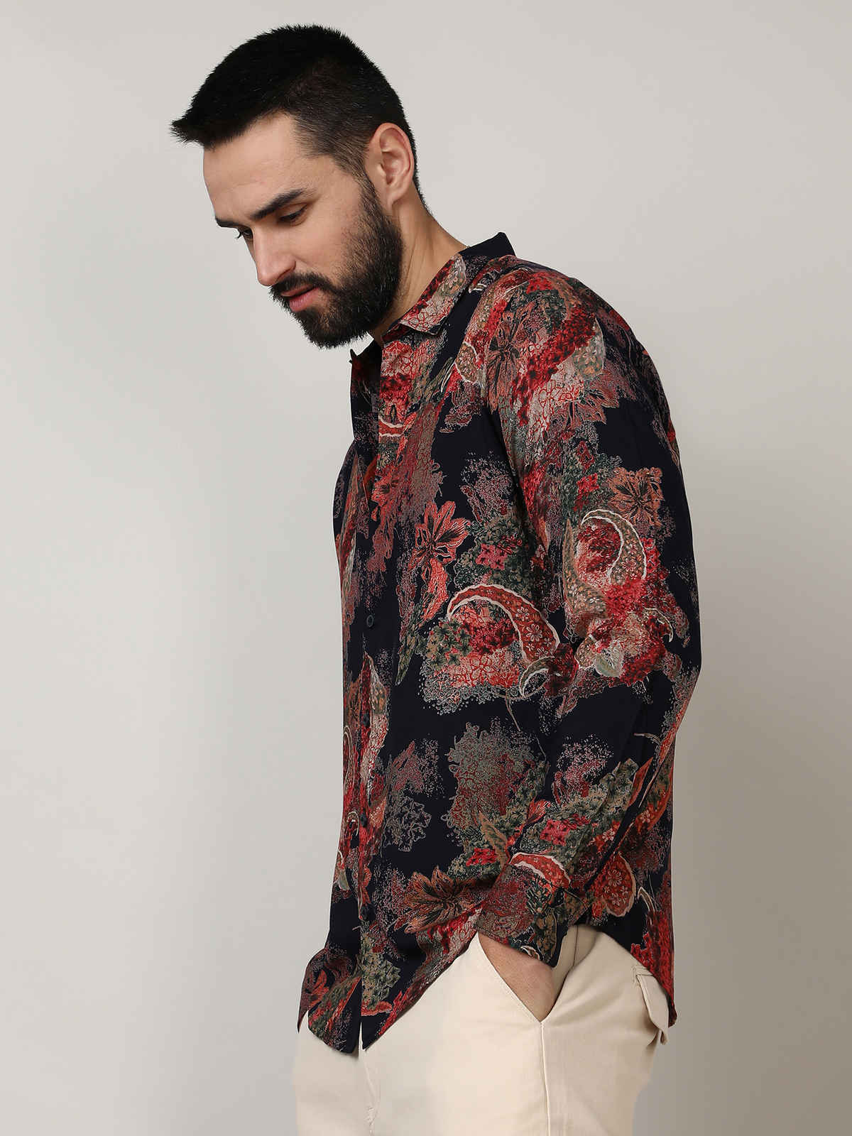 Campus Sutra Men's Paisley Flora Shirt | Crimson Red & Midnight Black - XL