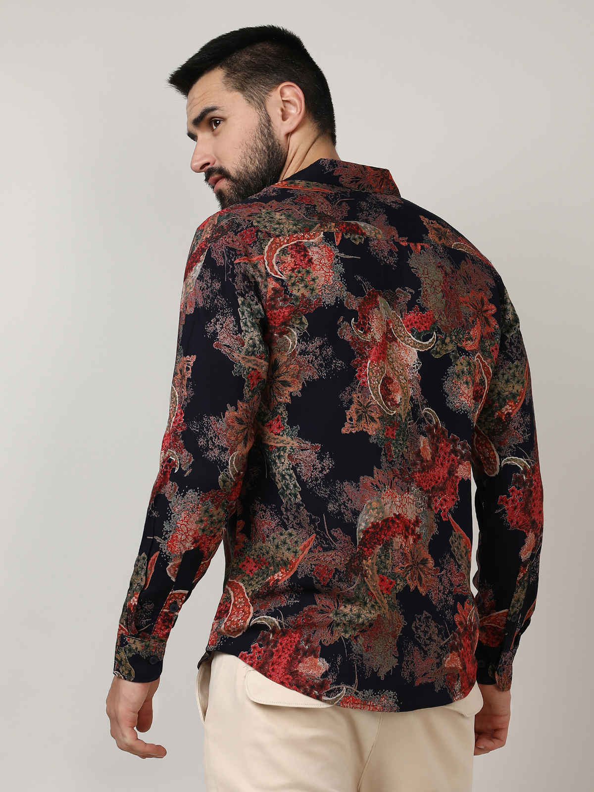 Campus Sutra Men's Paisley Flora Shirt | Crimson Red & Midnight Black - XL