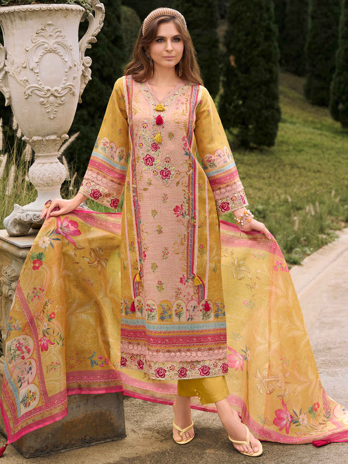 Indo Era Women's Linen Floral Printed Kurta & Pant With Dupatta Set | Mustard - L