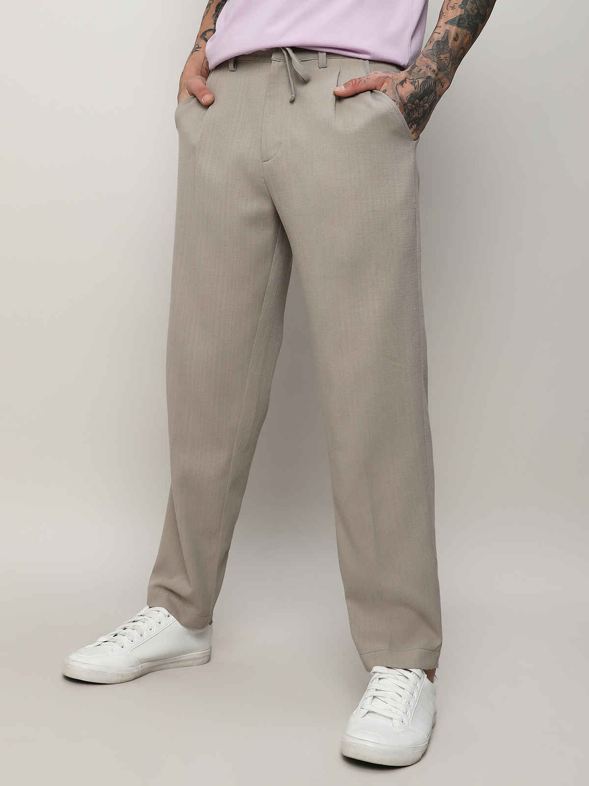 Campus Sutra Men's Solid Tailored Trousers | Grey Beige - 32