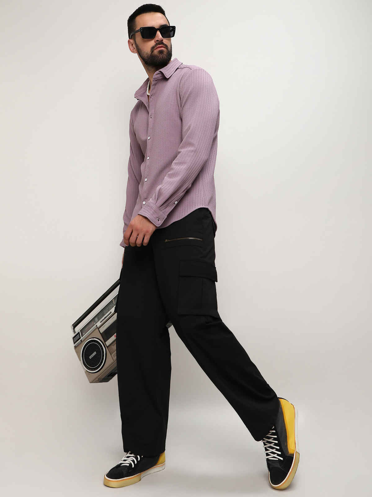 Campus Sutra Men's Stripe-Creased Shirt | Lavender - S