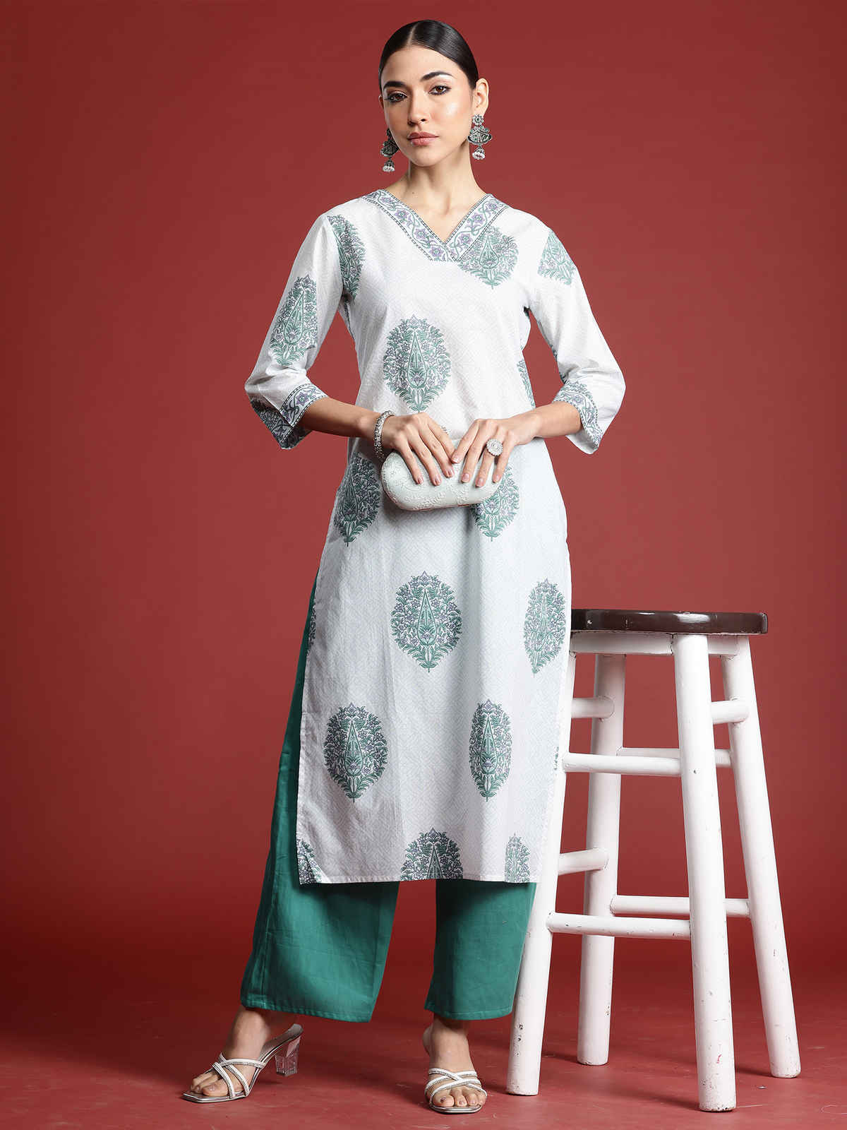 INDO ERA Women's Printed Straight Kurta | KT0WH10063 | White - M