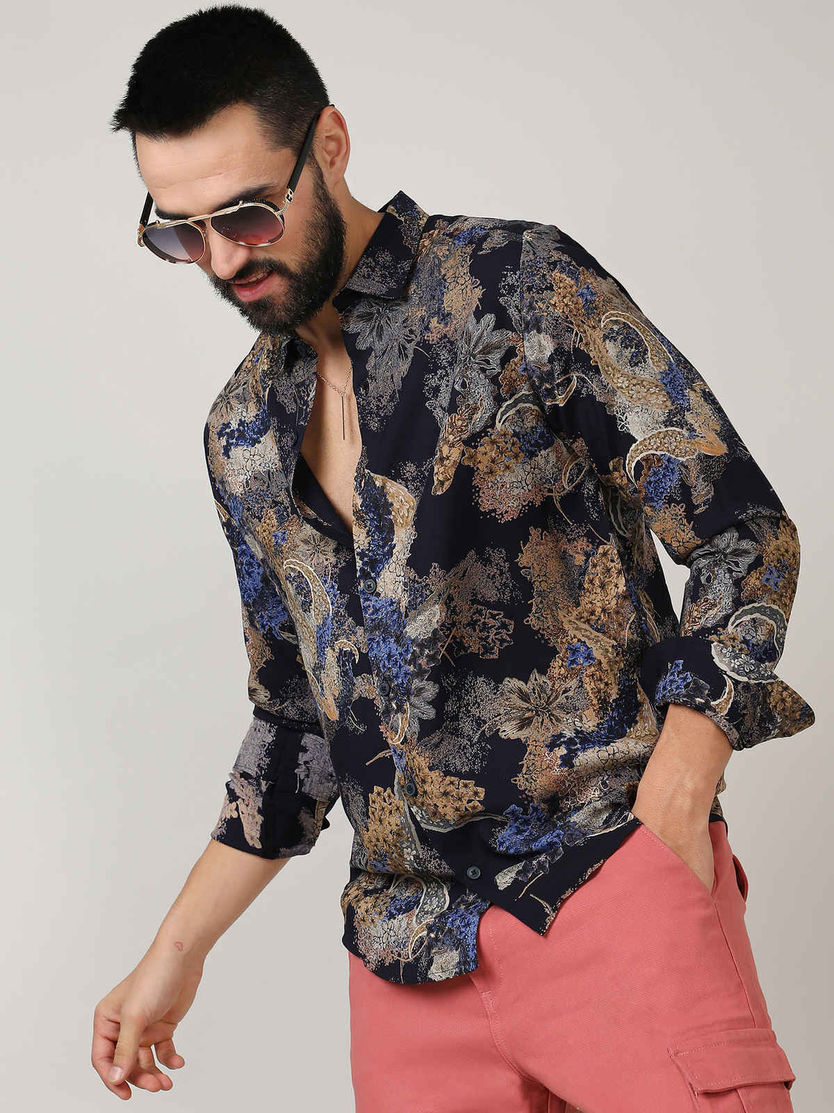 Campus Sutra Men's Paisley Flora Shirt | Royal Blue & Midnight Black - M