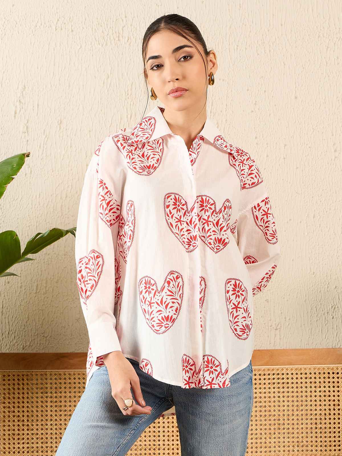 Uptownie Women's Printed Asymmetrical Cotton Shirt | White - L