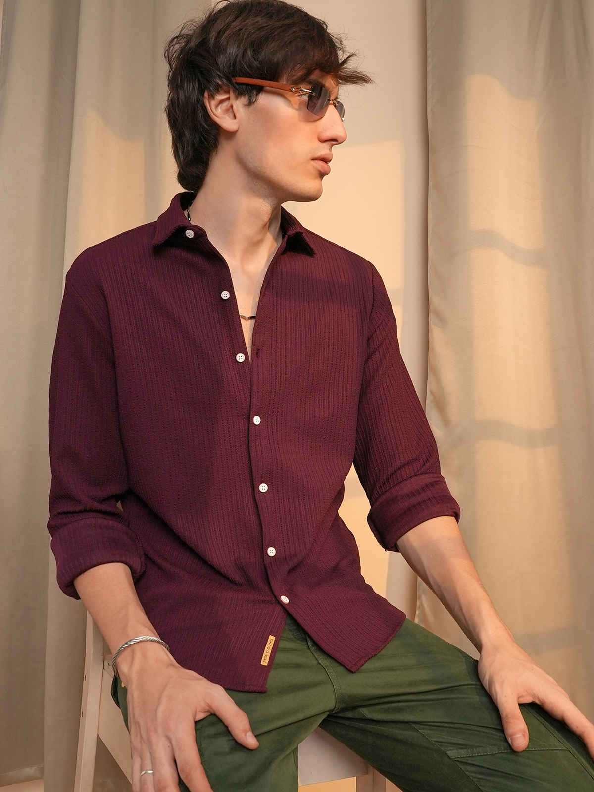 Campus Sutra Men's Stripe-Creased Shirt | Maroon Red - S
