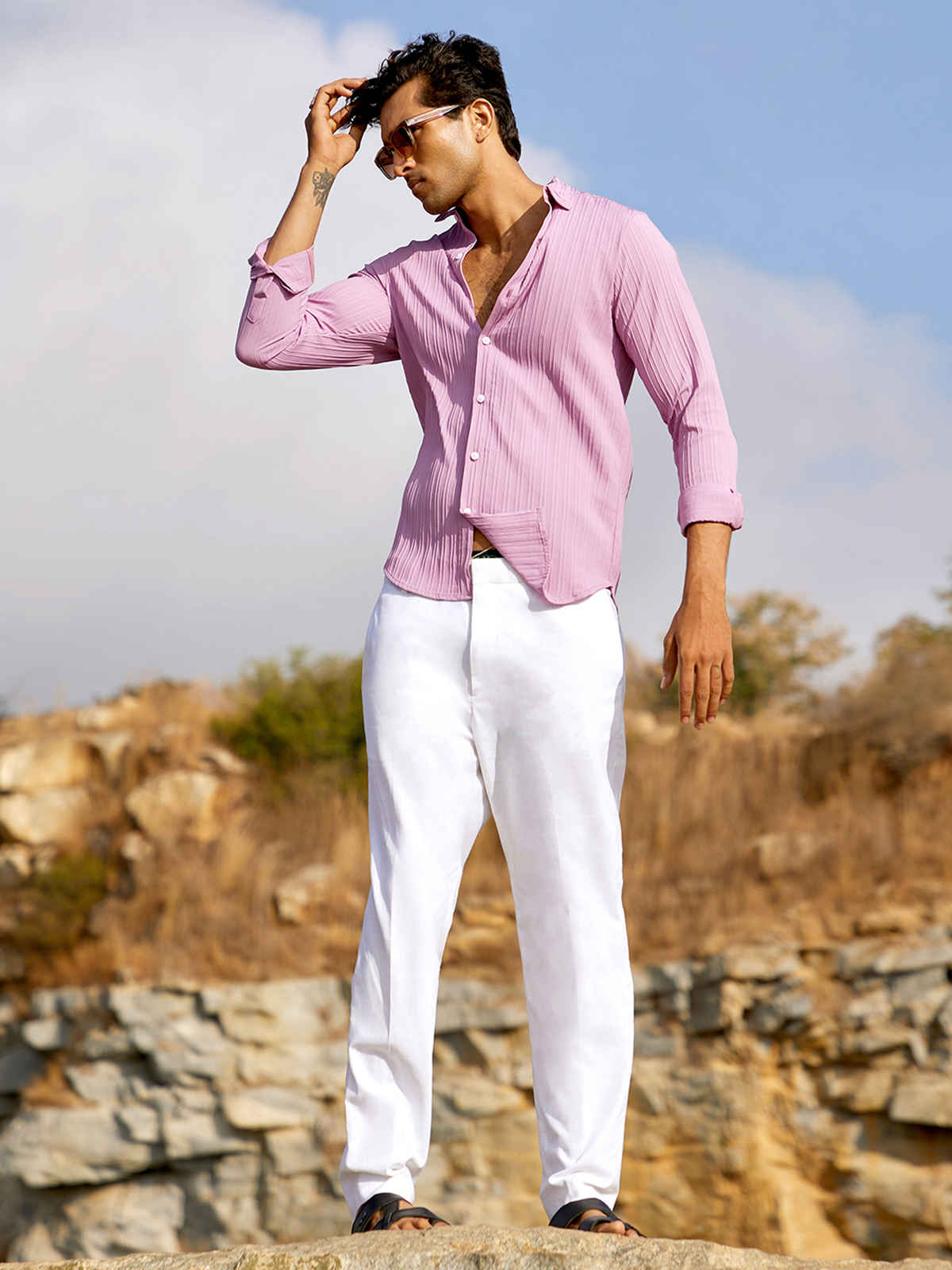 Campus Sutra Men's Self-Design Striped Shirt | Salmon Pink - S