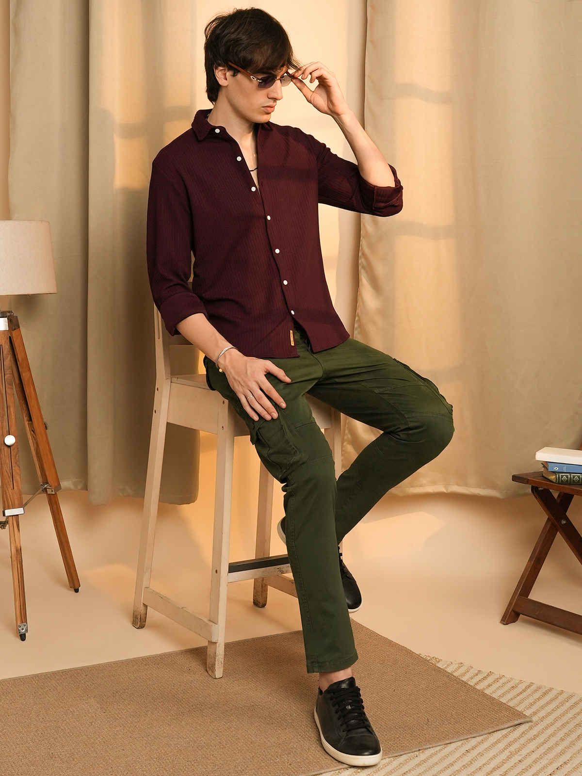 Campus Sutra Men's Stripe-Creased Shirt | Maroon Red - S