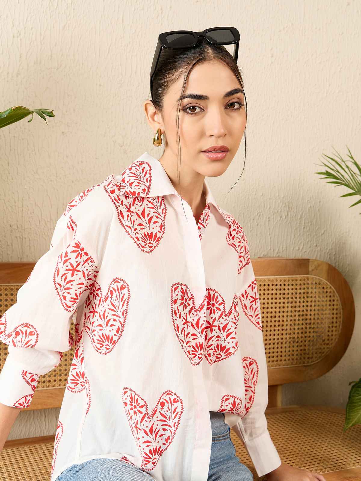 Uptownie Women's Printed Asymmetrical Cotton Shirt | White - L