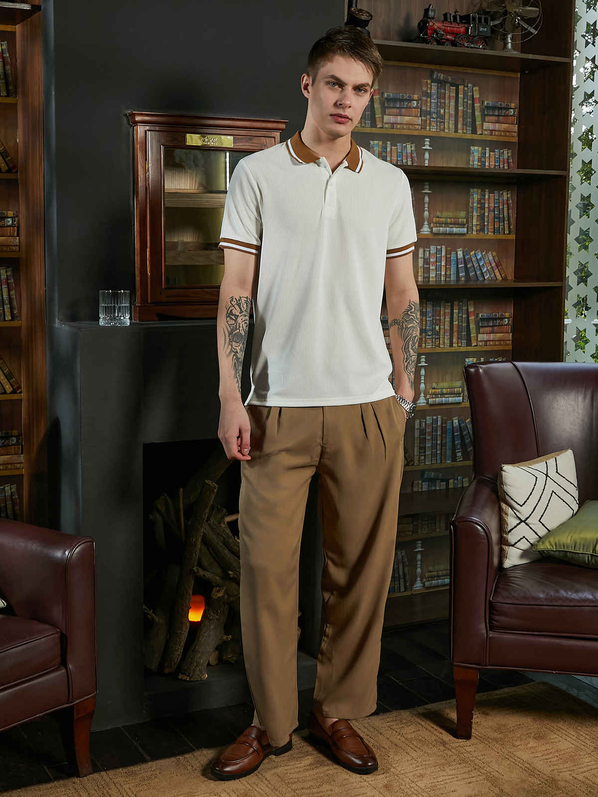 Campus Sutra Men's Chainlink-Ribbed Polo T-Shirt | Cream White - S