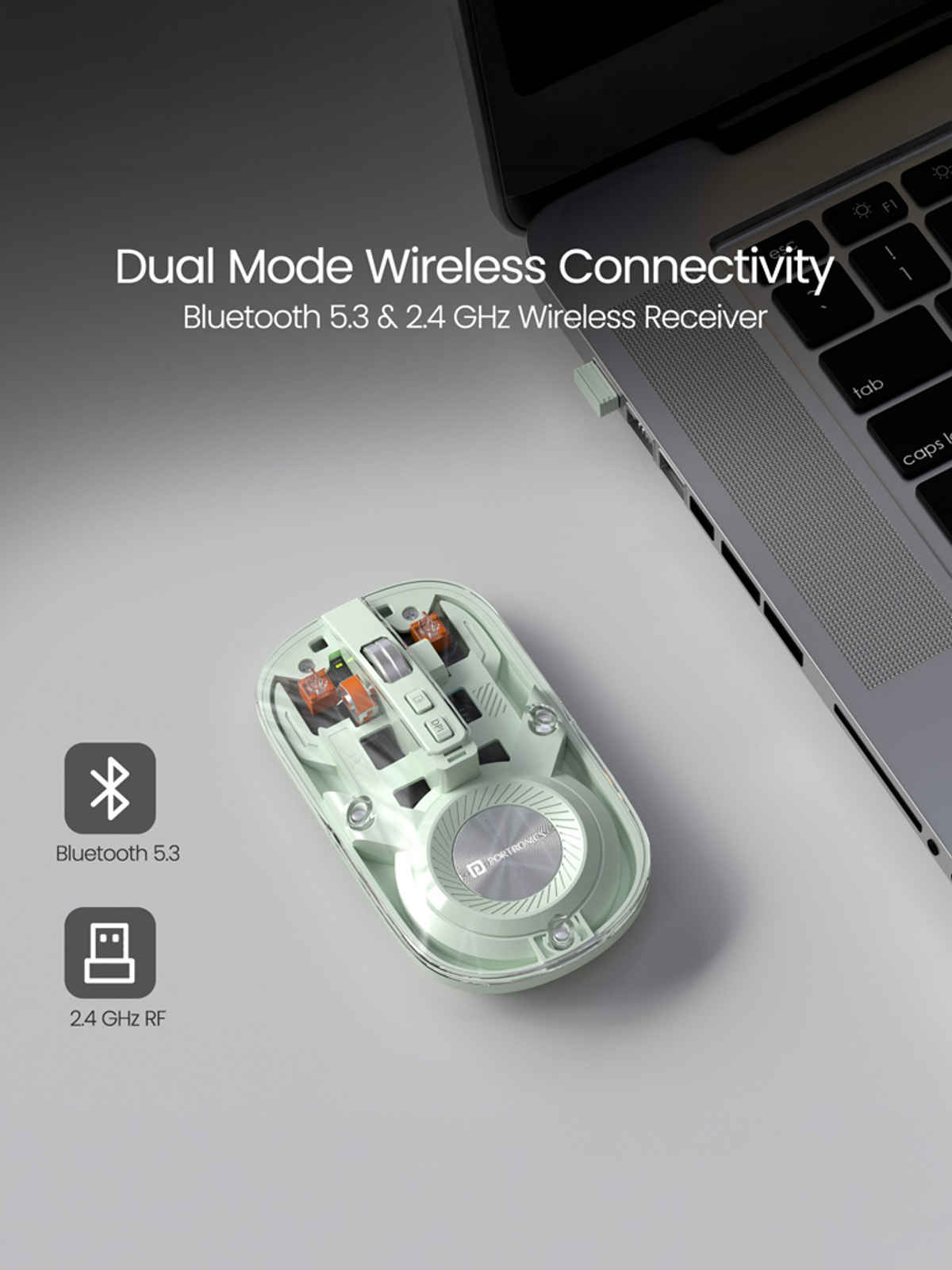 Portronics Toad 8 Transparent Wireless Bluetooth Mouse with Rechargeable Battery | Green