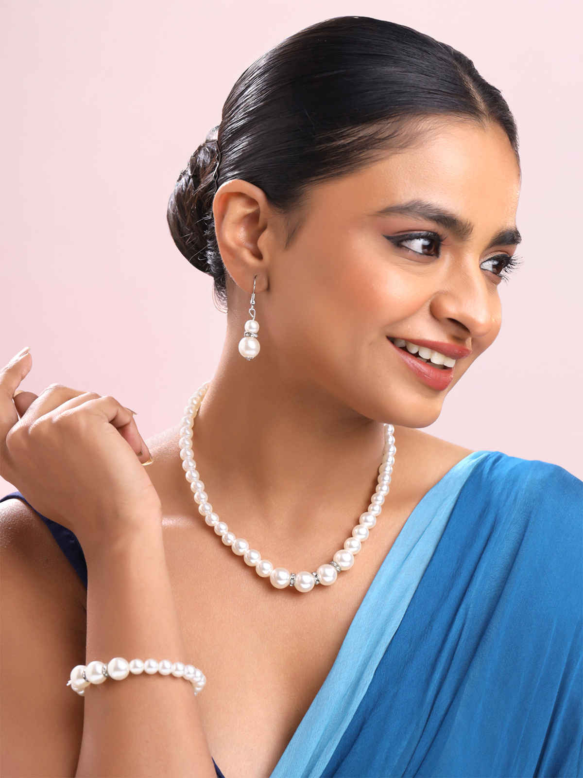 Yellow Chimes Womens White Pearl Necklace & Bracelet Jewellery Set