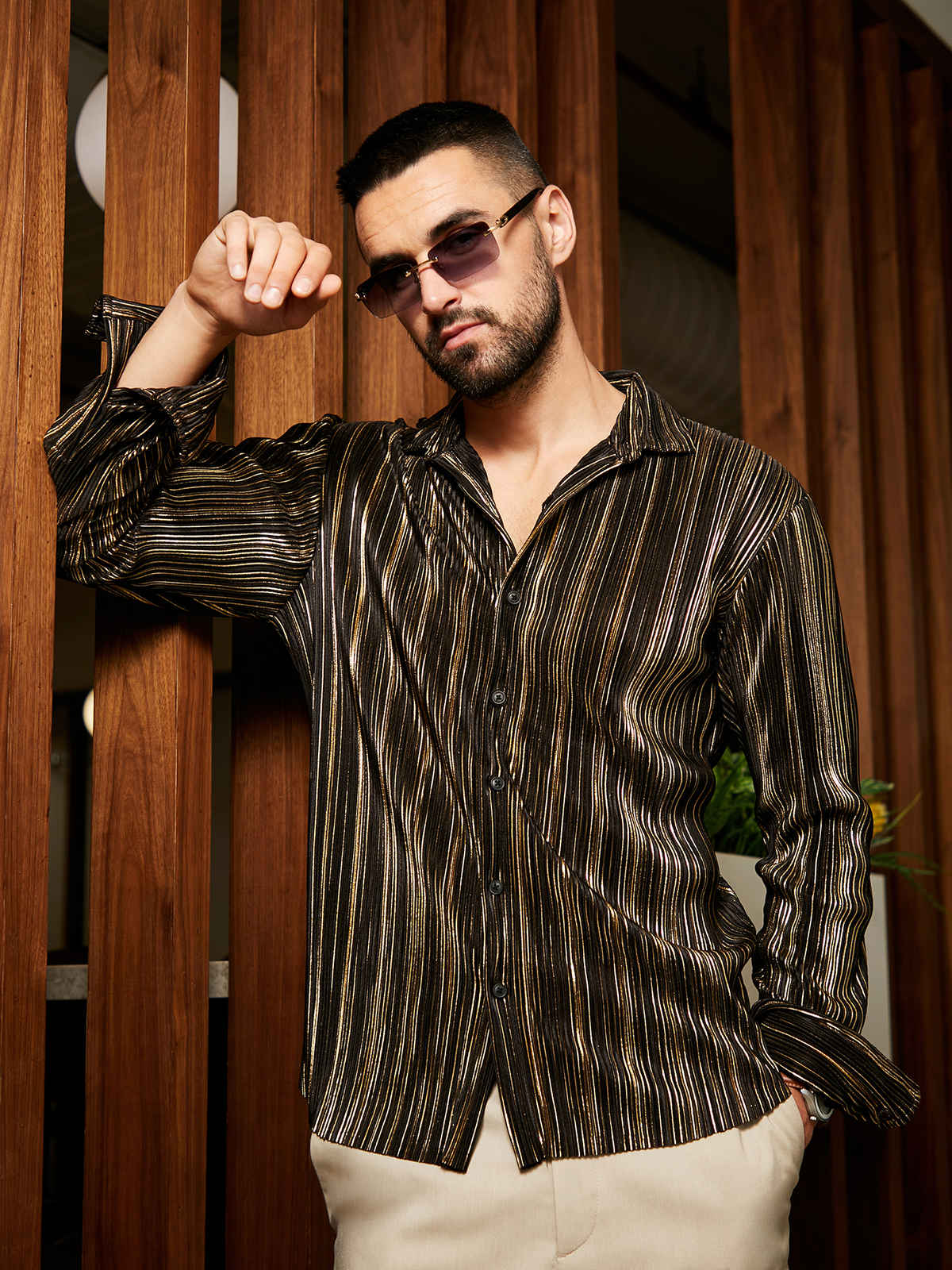 Campus Sutra Men's Pleat - Creased Shirt | Jet Black & Metallic Gold - S