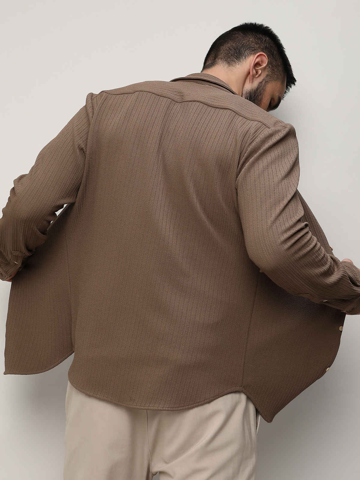 Campus Sutra Men's Polyester Stripe-Creased Shirt | Brown | L