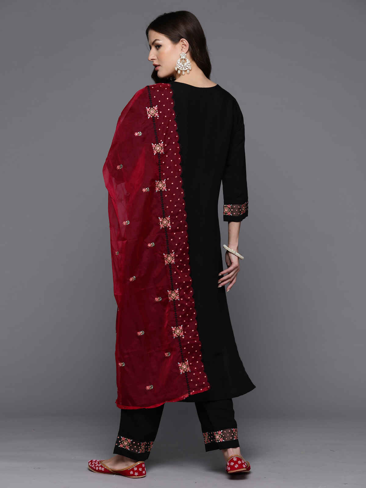 INDO ERA Women's Straight Kurta Pant with Dupatta set | Black | 2XL