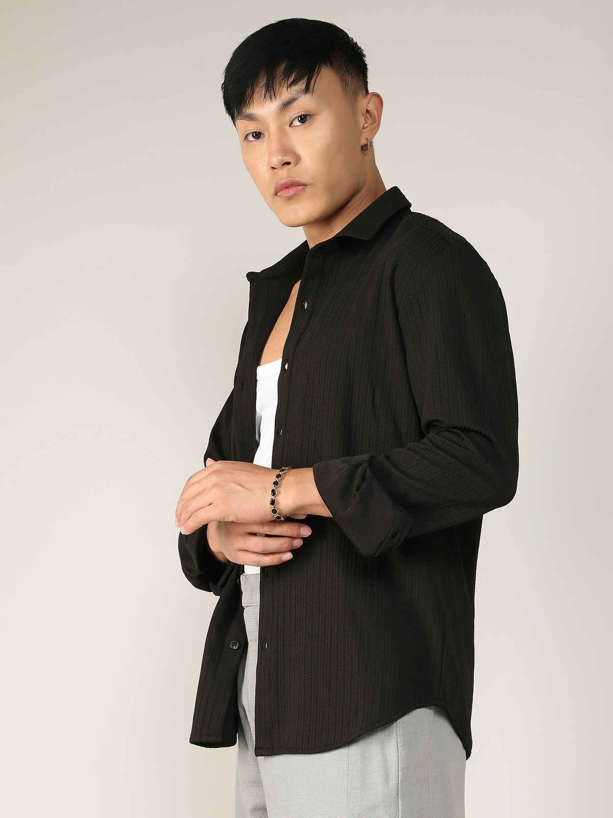 Campus Sutra Men's Stripe - Creased Shirt | Black - XL