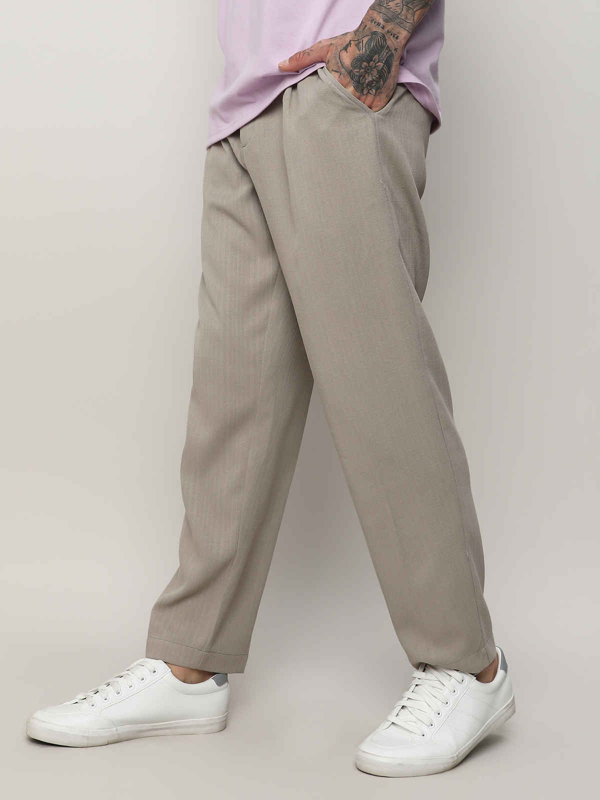Campus Sutra Men's Solid Tailored Trousers | Grey Beige - 32