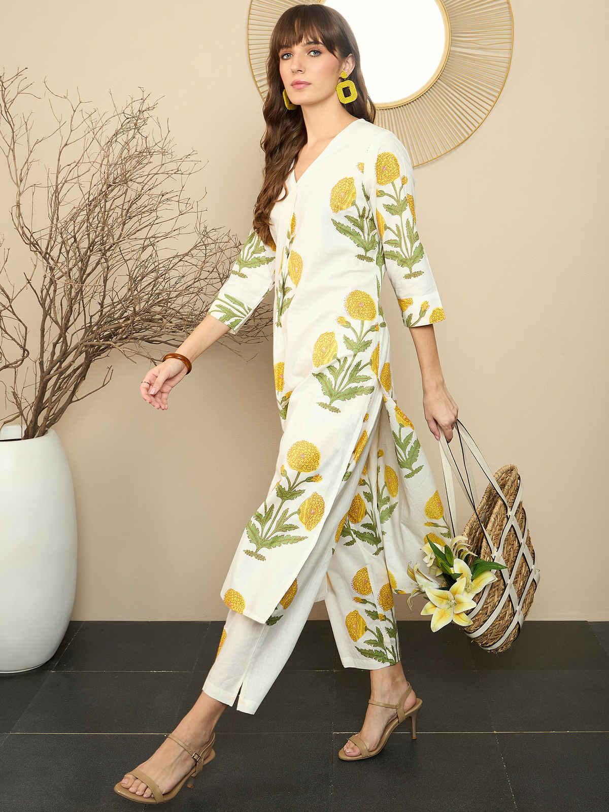 INDO ERA Women's Printed Straight Kurta Trousers Set | White - S