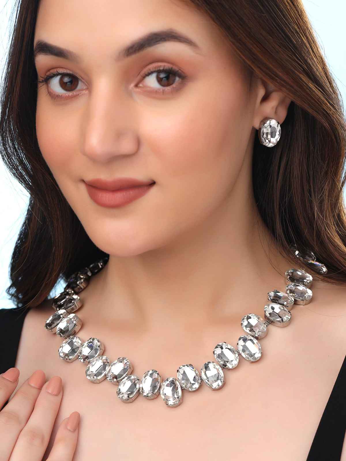 Yellow Chimes Silver Stone Necklace Set for Women | A5 Crystal Rhodium Plated Jewellery