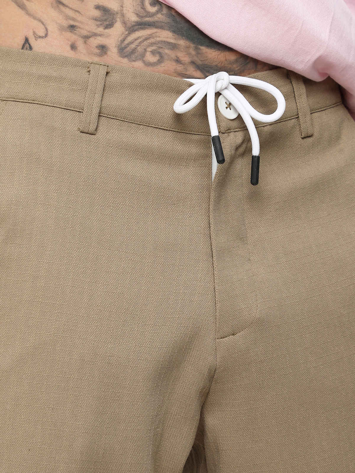 Campus Sutra Men's Solid Tailored Trousers | Brown Beige - 30