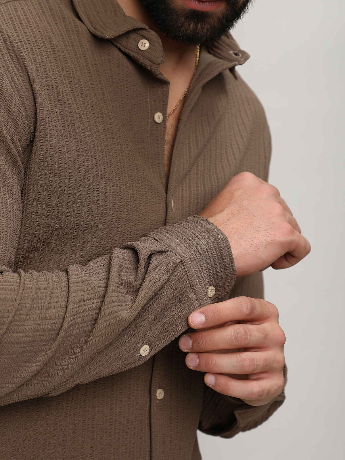 Campus Sutra Men's Polyester Stripe-Creased Shirt | Brown | L