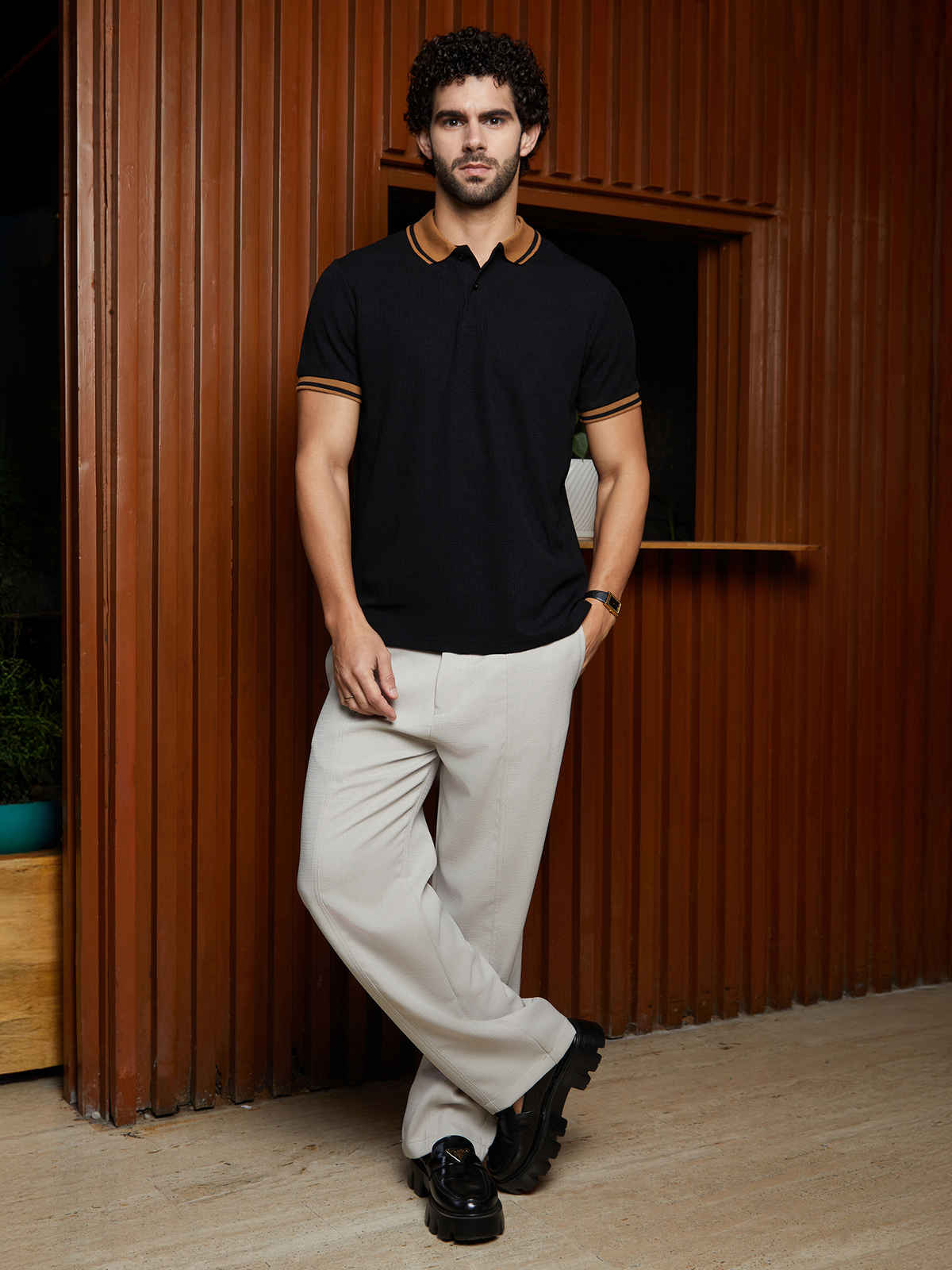 Campus Sutra Men's Cuboid-Stripe Polo T-Shirt | Onyx Black - S