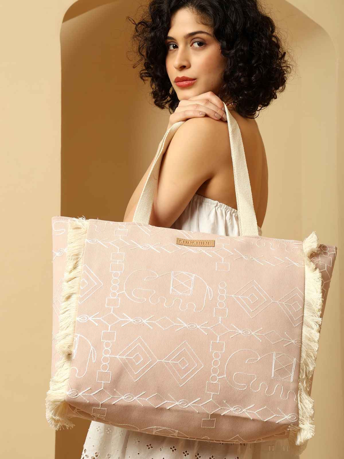 Ensac Sunshine Canvas Tote Bag for Women | Elephant Print Shoulder Bag | Daily Use | Pink
