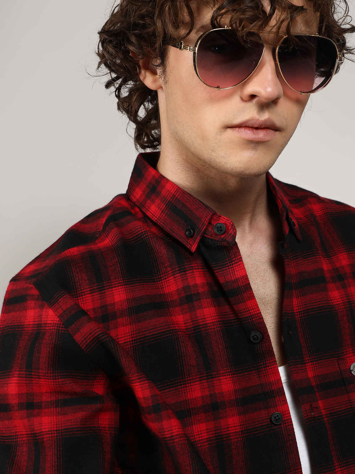 Campus Sutra Men's Brushed Buffalo Check Shirt | Midnight Black & Scarlet Red - M