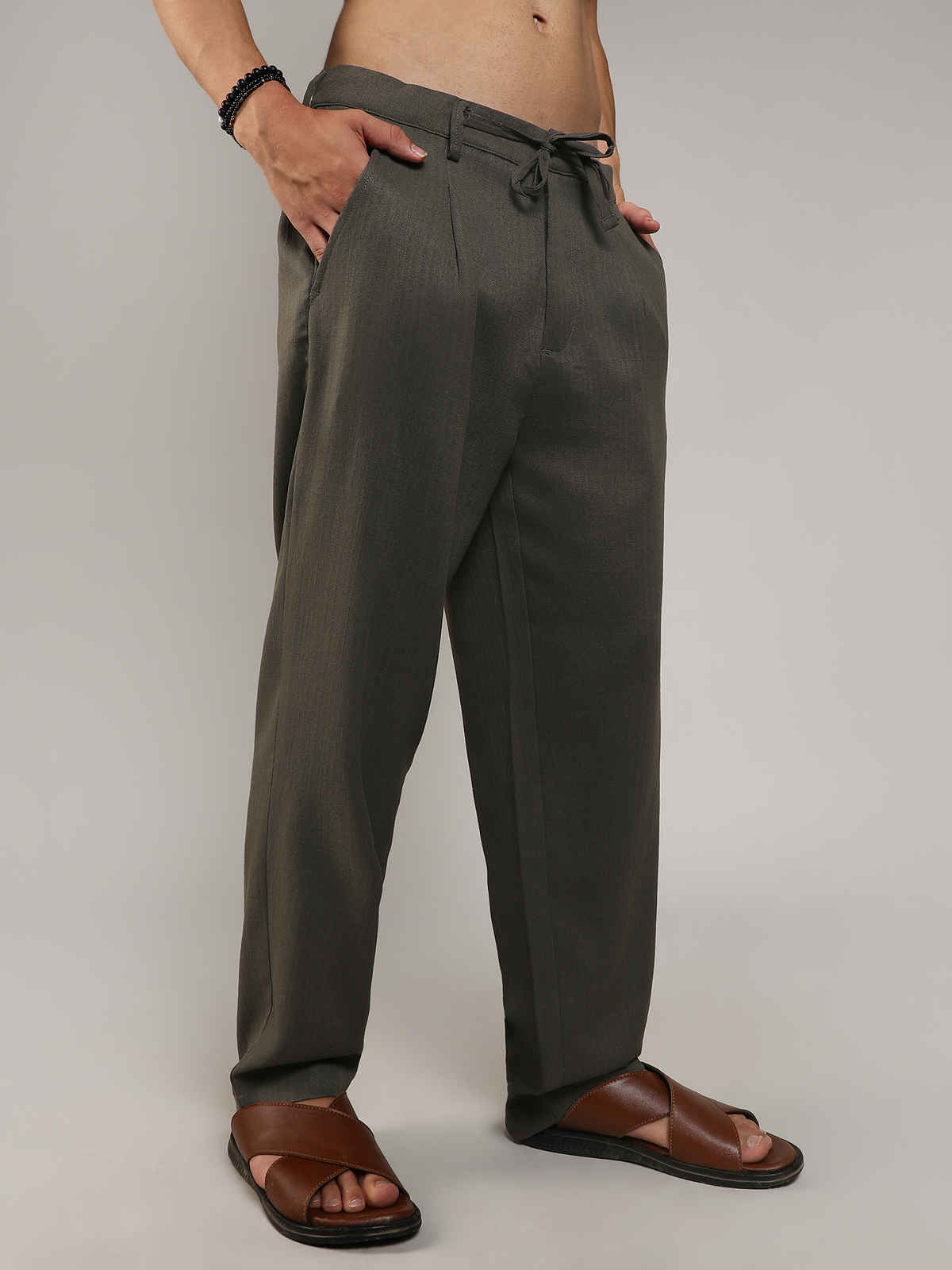 Campus Sutra Men's Tailored Linen-Blend Trousers | Olive Green - 36