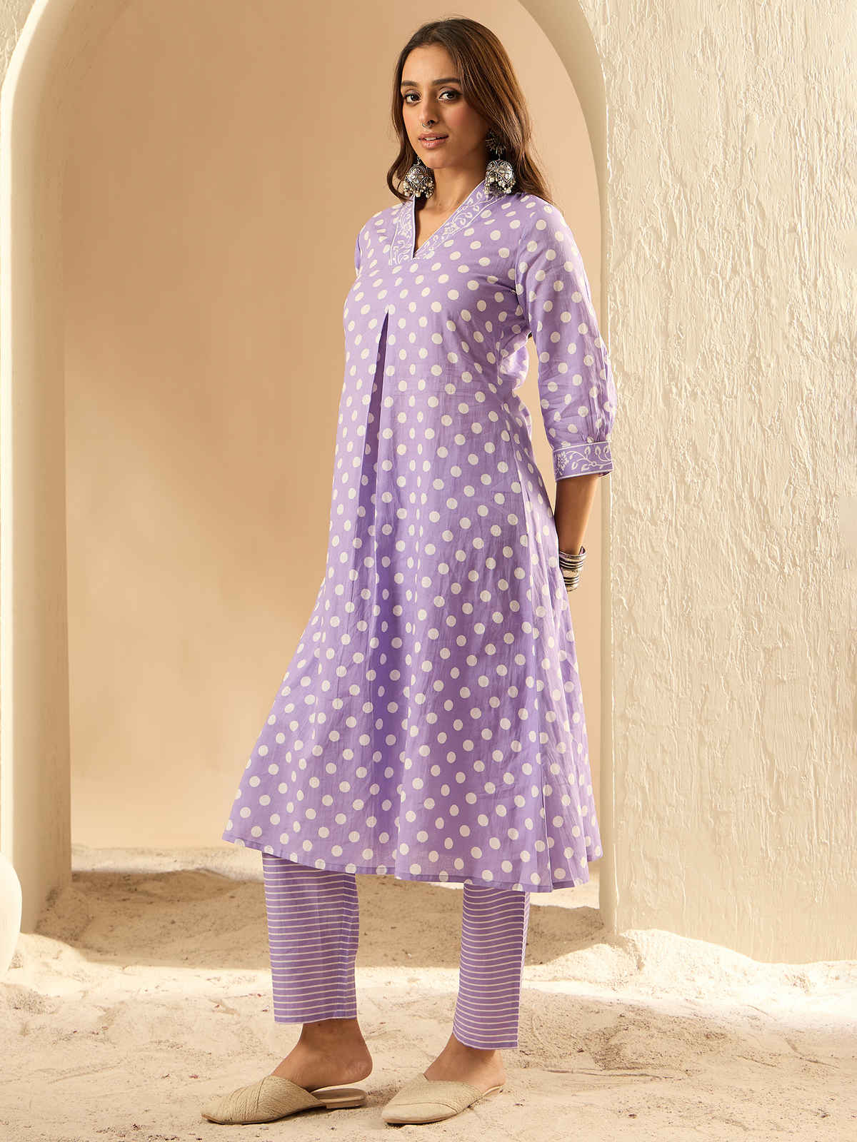 INDO ERA Women's Printed A-Line Kurta Trouser Set | Lavender - XL