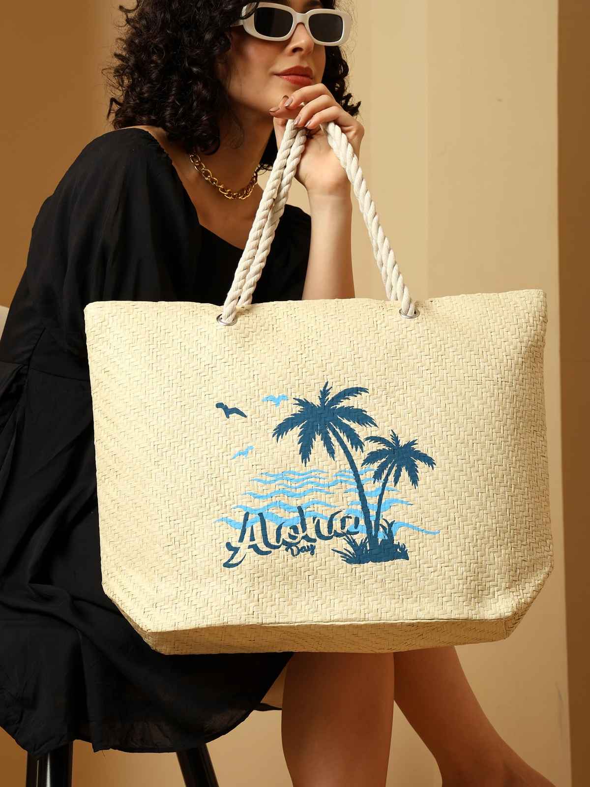 Ensac Aloha Beach Tote Bag for Women | Canvas Shopper Shoulder Bag | Daily Use | White
