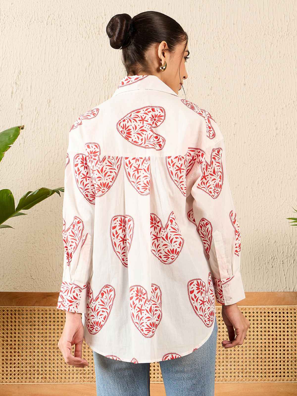 Uptownie Women's Printed Asymmetrical Cotton Shirt | White - L