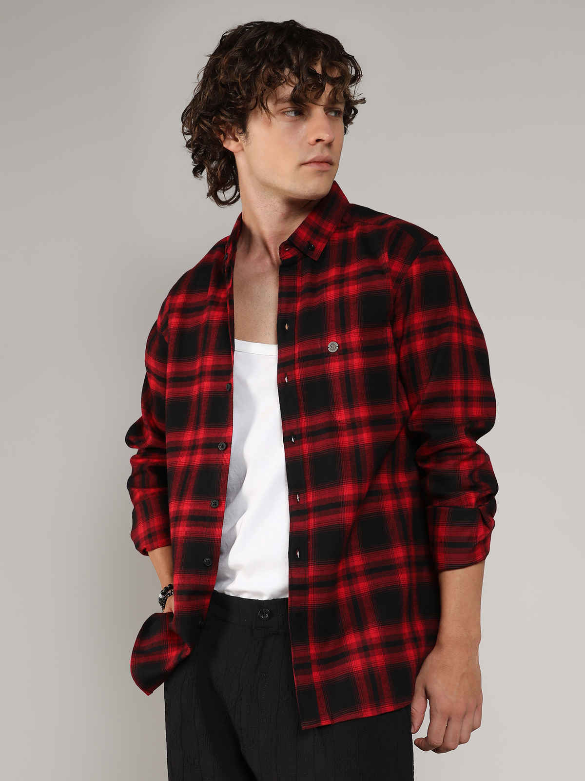 Campus Sutra Men's Brushed Buffalo Check Shirt | Midnight Black & Scarlet Red - M