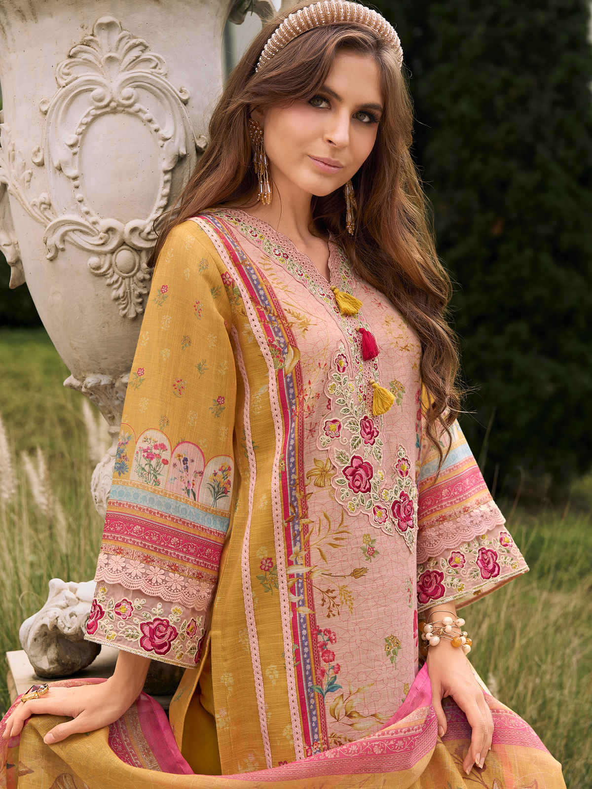 Indo Era Women's Linen Floral Printed Kurta & Pant With Dupatta Set | Mustard - L