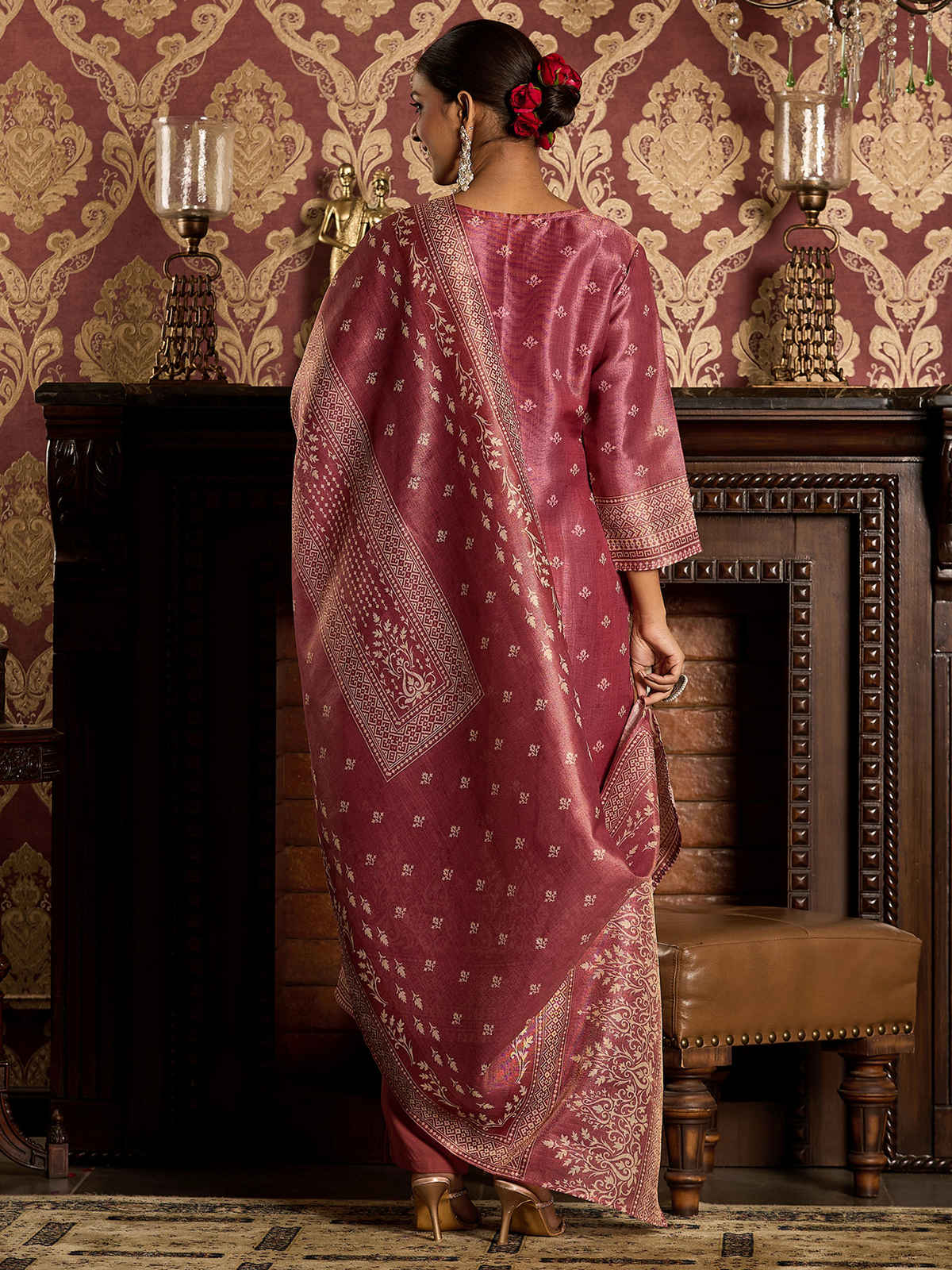 INDO ERA Women's Straight Kurta Pant with Dupatta Set | Pink | L