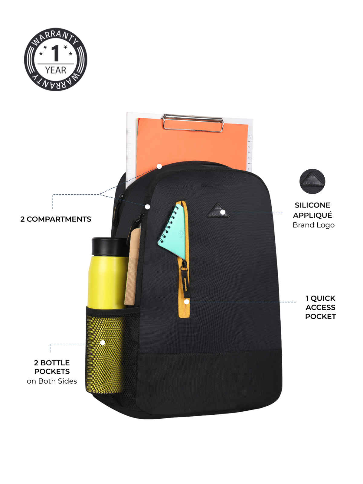 Gear Unisex Solid Polyester 20 L Padded Grab Handle Backpack | Black - M