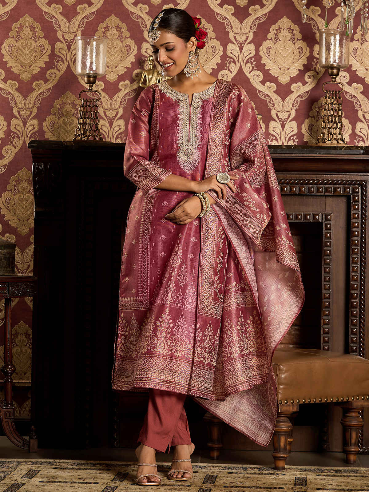 INDO ERA Women's Straight Kurta Pant with Dupatta Set | Pink | L