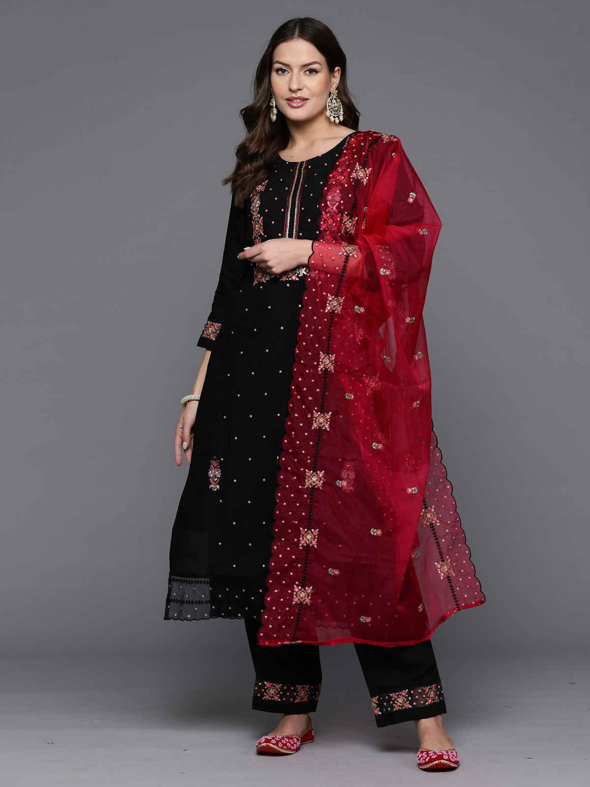 INDO ERA Women's Straight Kurta Pant with Dupatta set | Black | 2XL