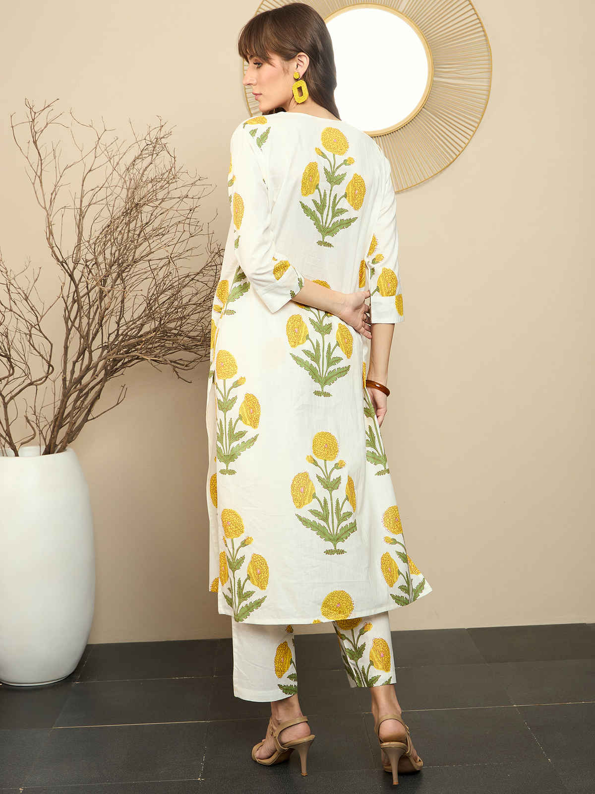 INDO ERA Women's Printed Straight Kurta Trousers Set | White - S