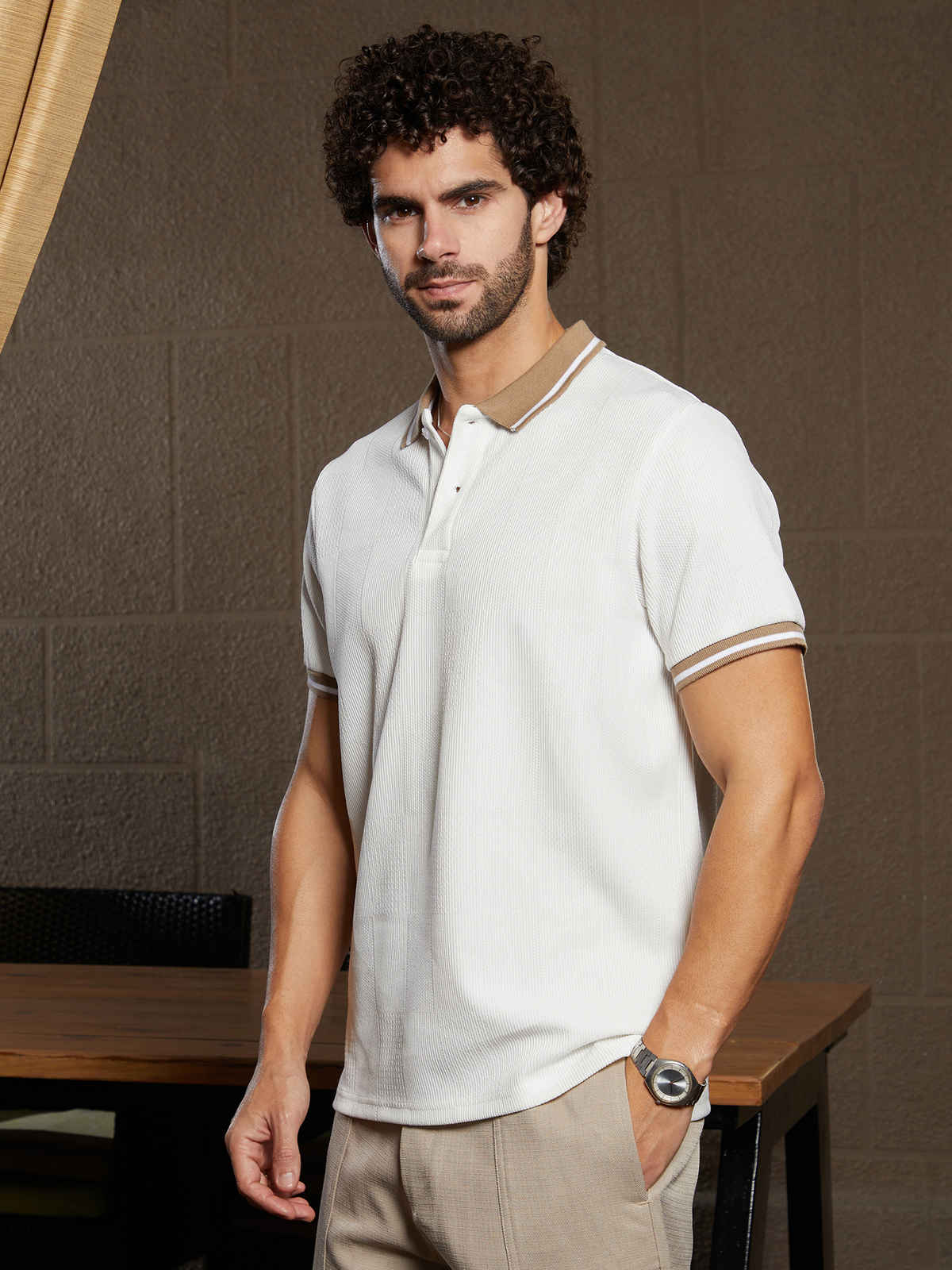 Campus Sutra Men's Cuboid-Stripe Polo T-Shirt | Cream White - S