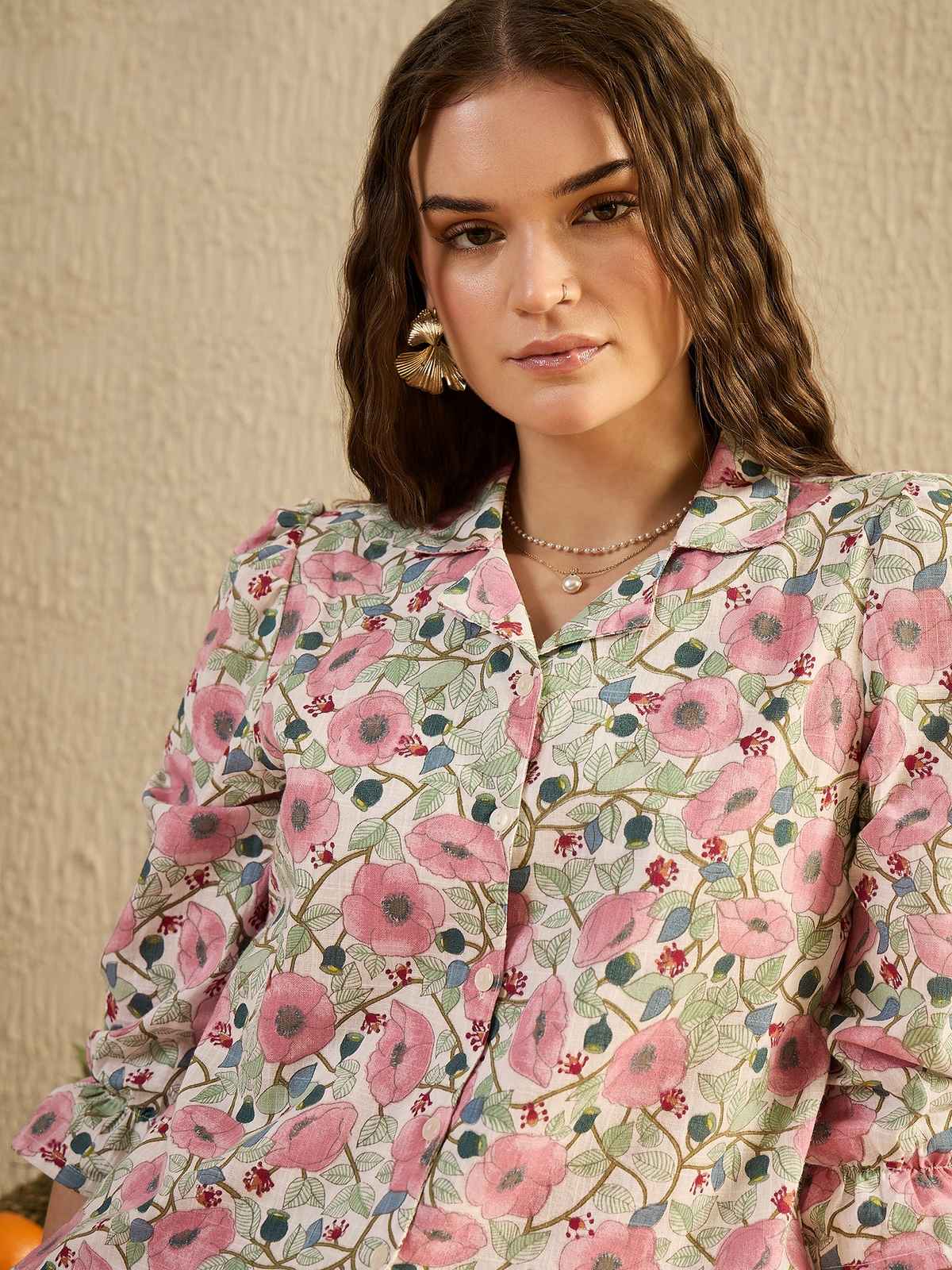 Sanskrutihomes Floral Printed Pure Cotton Shirt & Shorts for Women s | Pink | L