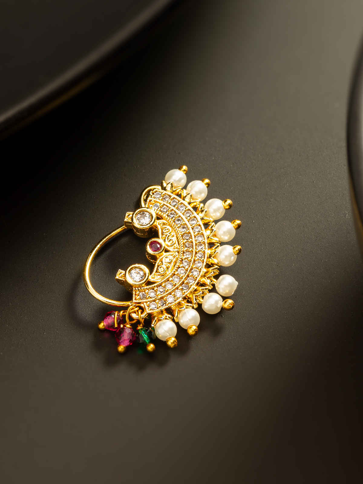 Aadita Classic Maharashtrian Nath with Full Pearl Edging and Ornamental Stones Nose Pin | NAT4136