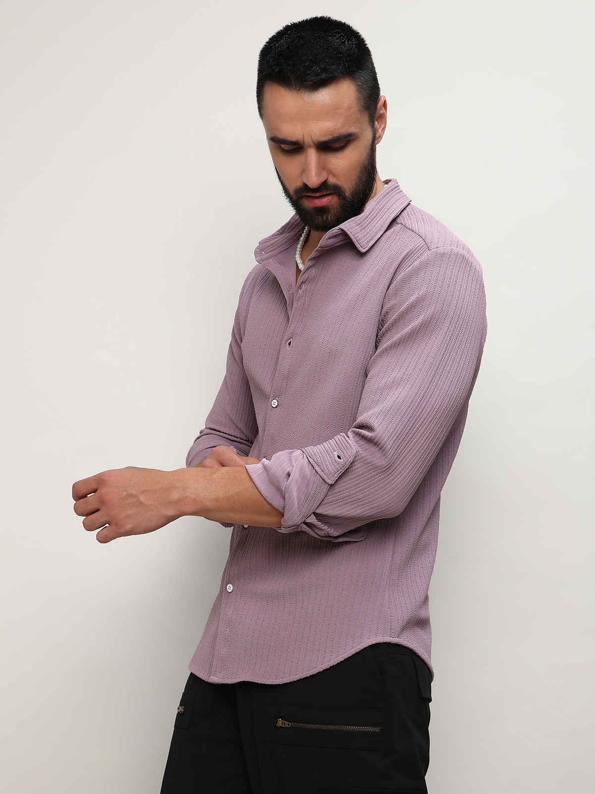 Campus Sutra Men's Stripe-Creased Shirt | Lavender - S