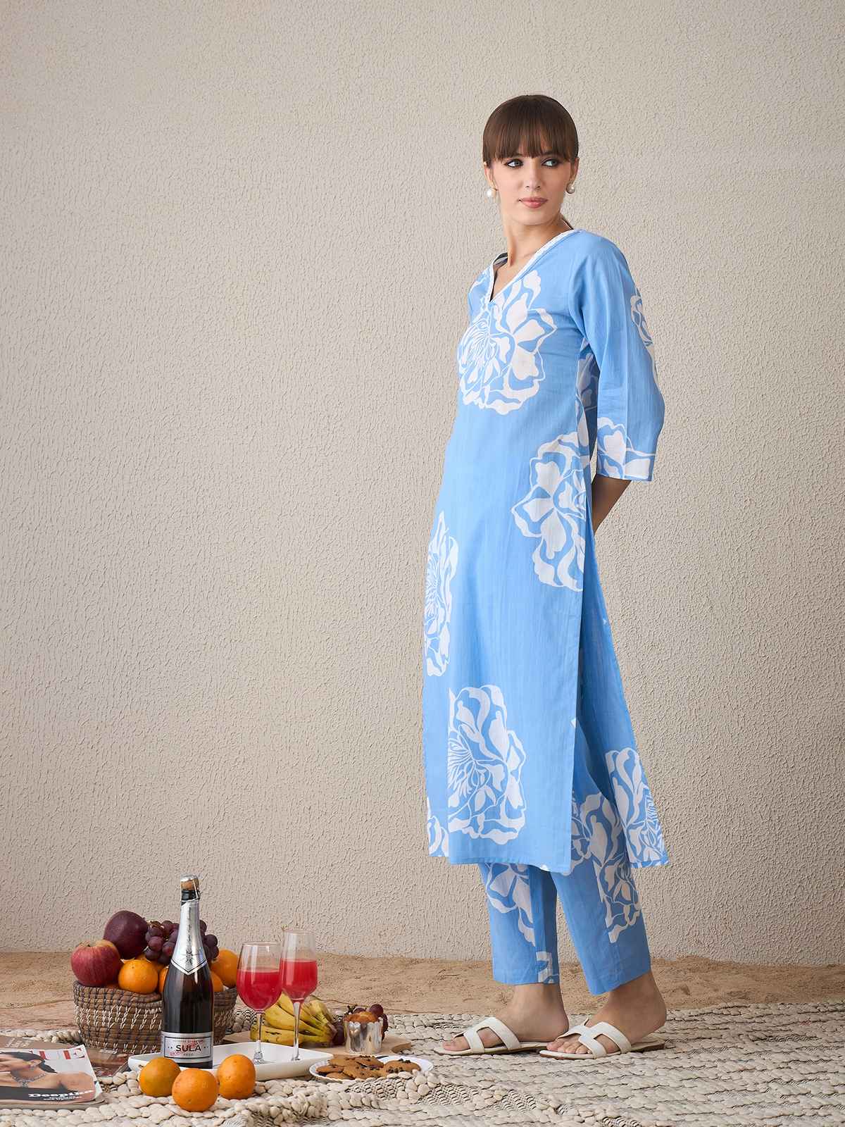 Indo Era Women's Pure Cotton Floral Printed Kurta & Pant Set | Blue - XL